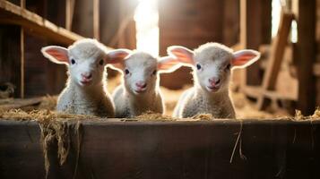 generativo ai, pequeño corderos mirando a el cámara en un granja, bebé ovejas foto