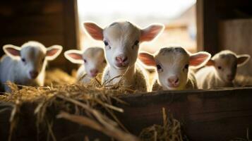 Generative AI, little lambs looking at the camera on a farm, baby sheeps photo