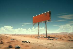 Generative AI, vintage empty sing or billboard in the desert of alien planet, in the space photo