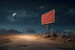 Generative AI, vintage empty sing or billboard in the desert of alien planet, in the space photo