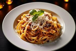 Tasty fettuccine pasta dish topped with grated cheese photo