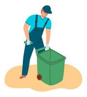 Cleanup volunteer picking up trash in garbage bag. Garbage men working. Flat vector illustration.