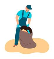 Cleanup volunteer picking up trash in garbage bag. Garbage men working. Flat vector illustration.