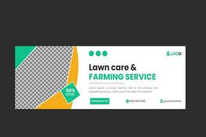 Organic food and agriculture service, contemporary lawnmower garden or landscaping service design template for social media cover or post with geometric green gradient color shape vector