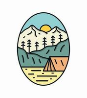 Camping time under mountain mono line vector illustration for t shirt patch badge design