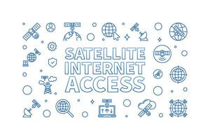 Satellite Internet Access vector concept thin line blue horizontal banner - Communication Network Technology illustration