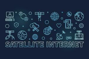 Satellite Internet vector blue horizontal banner - Wireless Satellite Data Transmission concept colored illustration