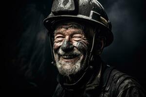 carbón minero retrato. hombre con sucio cara en subterráneo mío. generativo ai foto