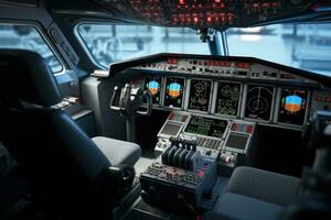 Cockpit of modern civil airplane. Plane cabin. Generative AI photo