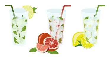 conjunto de verano limonada. dibujos animados vector ilustración con paja, hielo cubitos, menta y frutas en vaso. refrescante frío beber. gráfico para póster, bandera, volantes, cóctel fiesta. Fresco y jugoso bebida.