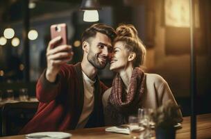 romántico Pareja teléfono inteligente autofoto generar ai foto