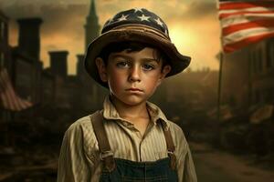 Nostalgic American 1920 child boy in town. Generate AI photo