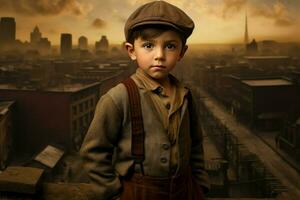 Vintage American 1920 child boy in town. Generate AI photo