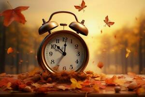 Alarm clock autumn table. Generate Ai photo