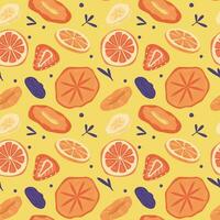 Seamless pattern with various dried fruits on an orange background, flat vector illustration.