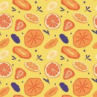 Seamless pattern with various dried fruits on an orange background, flat vector illustration.