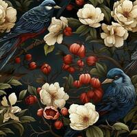 Vintage birds in strawberries garden seamless pattern, created with generative AI photo