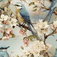 Vintage watercolor birds and flowers seamless pattern, created with generative AI photo