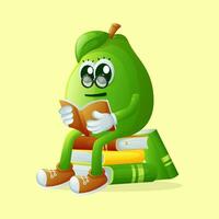 Cute guava character wearing glasses and reading a book vector