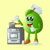 Cute guava character cooking on a stove vector
