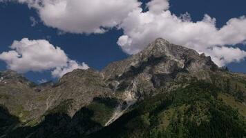 panoramico aereo Visualizza di estate montagna paesaggio con verde foresta e mattina Basso nuvole video