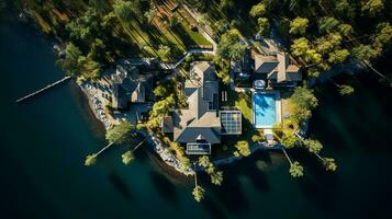 Aerial view of residential houses at spring. neighborhood, suburb. Real estate, drone shots, sunset, sunlight, from above. Generative AI photo