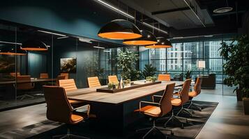 Modern office interior with panoramic windows and beautiful lighting. Generative AI photo