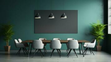 Modern meeting room with empty grey tosca wall, empty space office background mockup. Generative AI photo