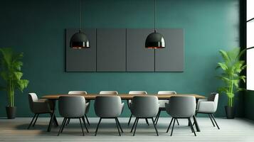 Modern meeting room with empty grey tosca wall, empty space office background mockup. Generative AI photo