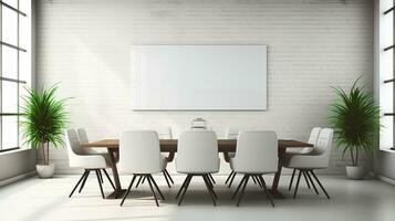 Modern meeting room with empty wall, empty space office background mockup. Generative AI photo