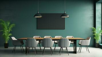 Modern meeting room with empty grey tosca wall, empty space office background mockup. Generative AI photo