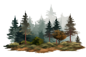 Aquarell von klein Tanne Wald, Gruppe von Baum Landschaft isoliert auf transparent Hintergrund. generativ ai png