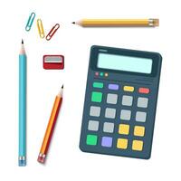 Electronic calculator. Digital calculator with pencil, clip and sharpener. Isolated on white background. vector illustration EPS 10.