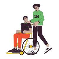 Caring of disabled person flat line concept vector spot illustration. Man helping. Taking care. 2D cartoon outline characters on white for web UI design. Editable isolated color hero image