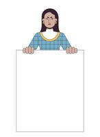 Protest marching flat line color vector character. Sad woman holding blank. Slogan. Editable outline half body person on white. Simple cartoon spot illustration for web graphic design