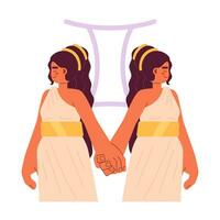 Gemini zodiac sign flat concept vector spot illustration. Women twins holding hands 2D cartoon character on white for web UI design. Astrology isolated editable creative hero image