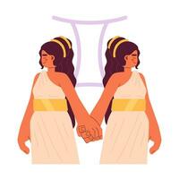 Gemini zodiac sign flat concept vector spot illustration. Women twins holding hands 2D cartoon character on white for web UI design. Astrology isolated editable creative hero image