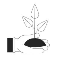 Holding plant flat monochrome isolated vector object. Gargening. Hobby. Put plant into soil. Editable black and white line art drawing. Simple outline spot illustration for web graphic design