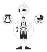 Caregiver person archetype bw concept vector spot illustration. Man with baby 2D cartoon outline character on white for web UI design. Familyman. Parenting Editable isolated color hero image