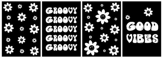 Groovy flowers daisy set.Y2k aesthetic.Groovy backgrounds.Vector cards in retro psychedelic style vector