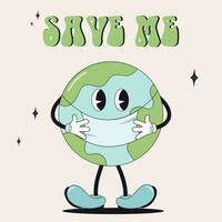 Retro groovy cartoon style earth planet.Earth Day.Save the Earth.Concept of World Environment Day in y2k style.Cartoon cute earth planet character. World Environment Day vector