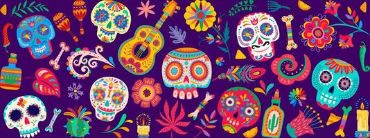 Dia De Los Muertos mexican holiday skulls, guitar vector