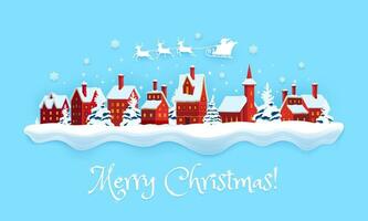 Christmas banner with snowy town and Santa sleigh vector