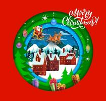 Christmas paper cut banner cartoon Santa on sleigh vector