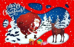 Christmas paper cut landscape, reindeer and Santa vector