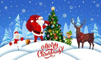 Christmas paper cut cartoon Santa, elf, snowman vector