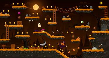 Arcade Halloween night landscape, game level map vector