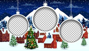 Christmas paper cut with baubles and winter town vector