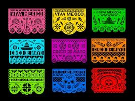 Mexican papel picado paper cut holiday flags vector