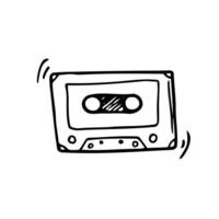 Vector illustration. Hand drawn doodle of Retro audio cassette. Analog media for recording and listening to stereo music. Old-fashioned tape cassette. Cartoon sketch. Isolated on white background